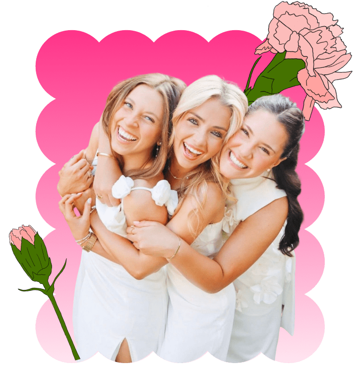Group of PMU sisters hugging and laughing outdoors in a scallop frame with carnation decorations