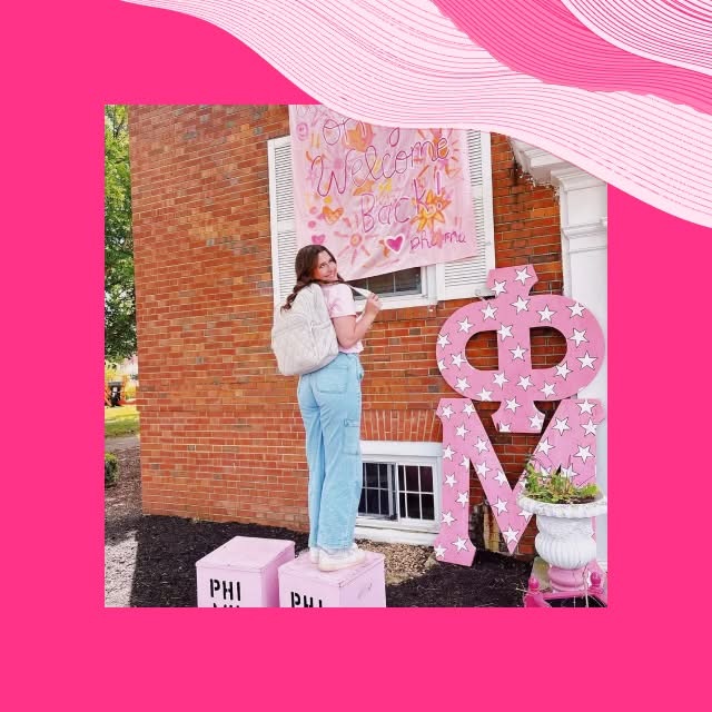 PMU sister posing at campus event welcoming students in a pink frame with line illustrations