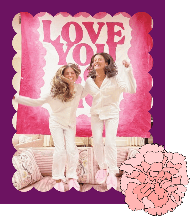photo of PMU sisters laughing together during a social event in a cut-out scallop frame with carnation decoration