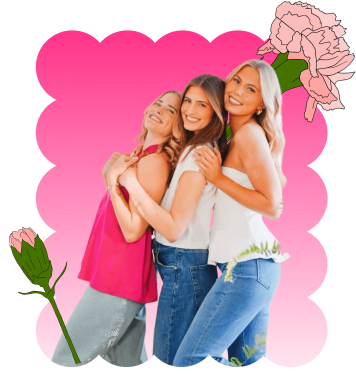 three sisters hugging for a photo in scallop frame with carnation decorations