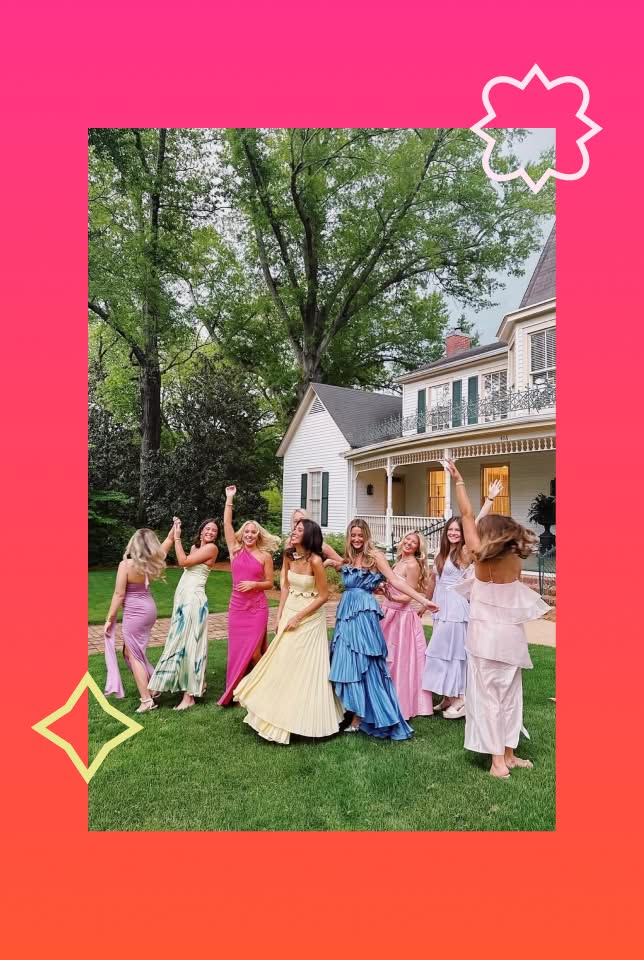 sisters twirling infornt of PMu house in a gradient frame