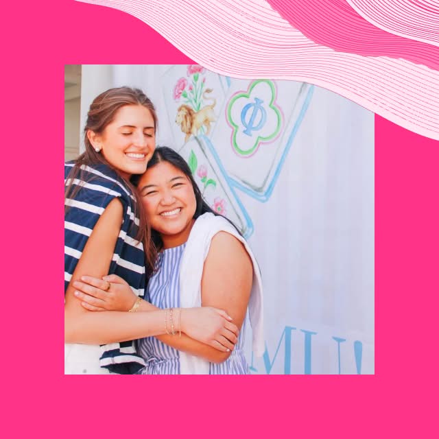Photo of sisters hugging for a photo in a pink frame with line illustrations on top