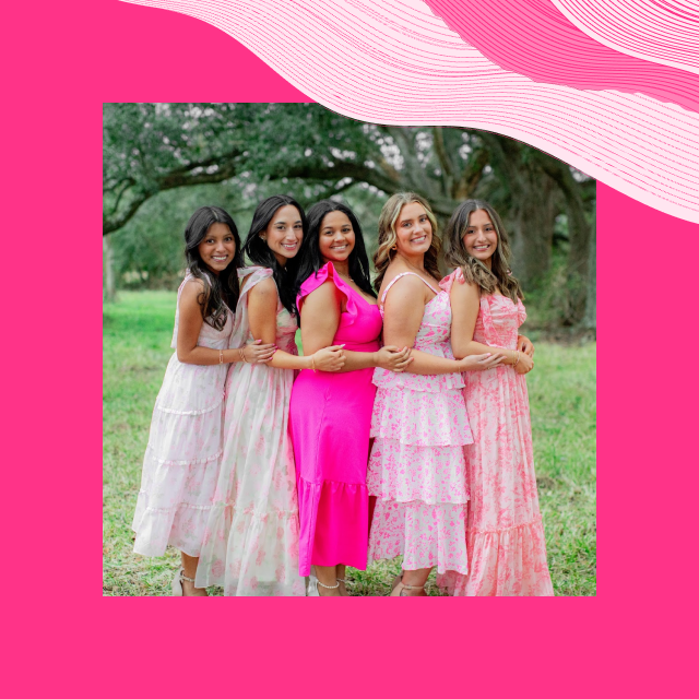 group of girls in a frame with carnation flowing lines overlapping