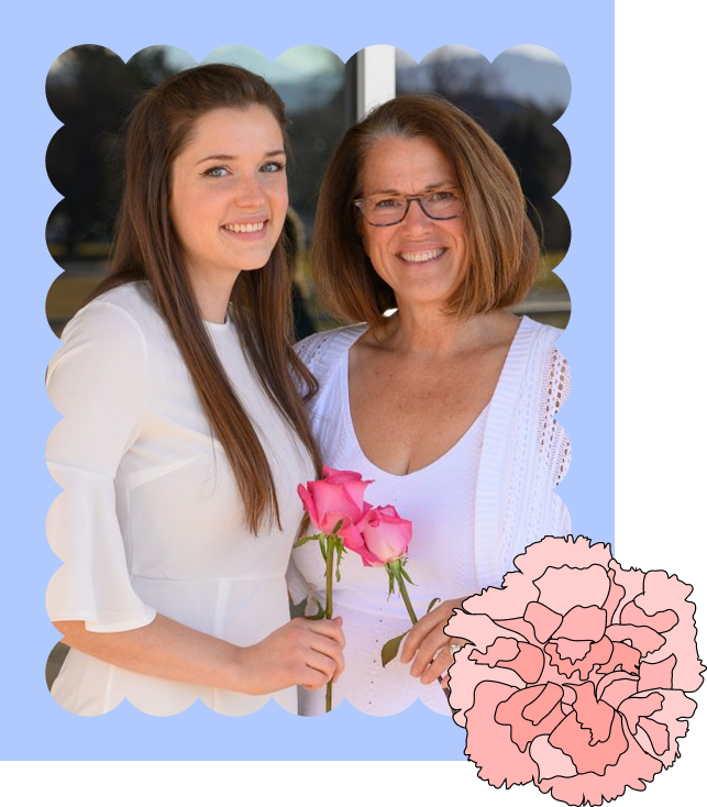 Mom an daughter in scallop frame with carnation flower at corner