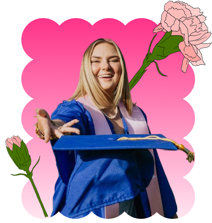 PMU Graduate tossing a cap at the camera in a scalloped frame with carnations surrounding.