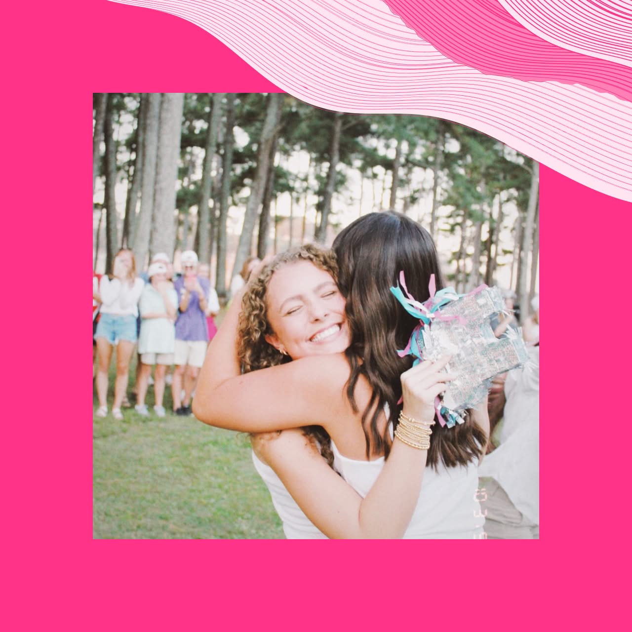 Group of PMU sisters embracing and celebrating together in a mink frame with carnation lines
