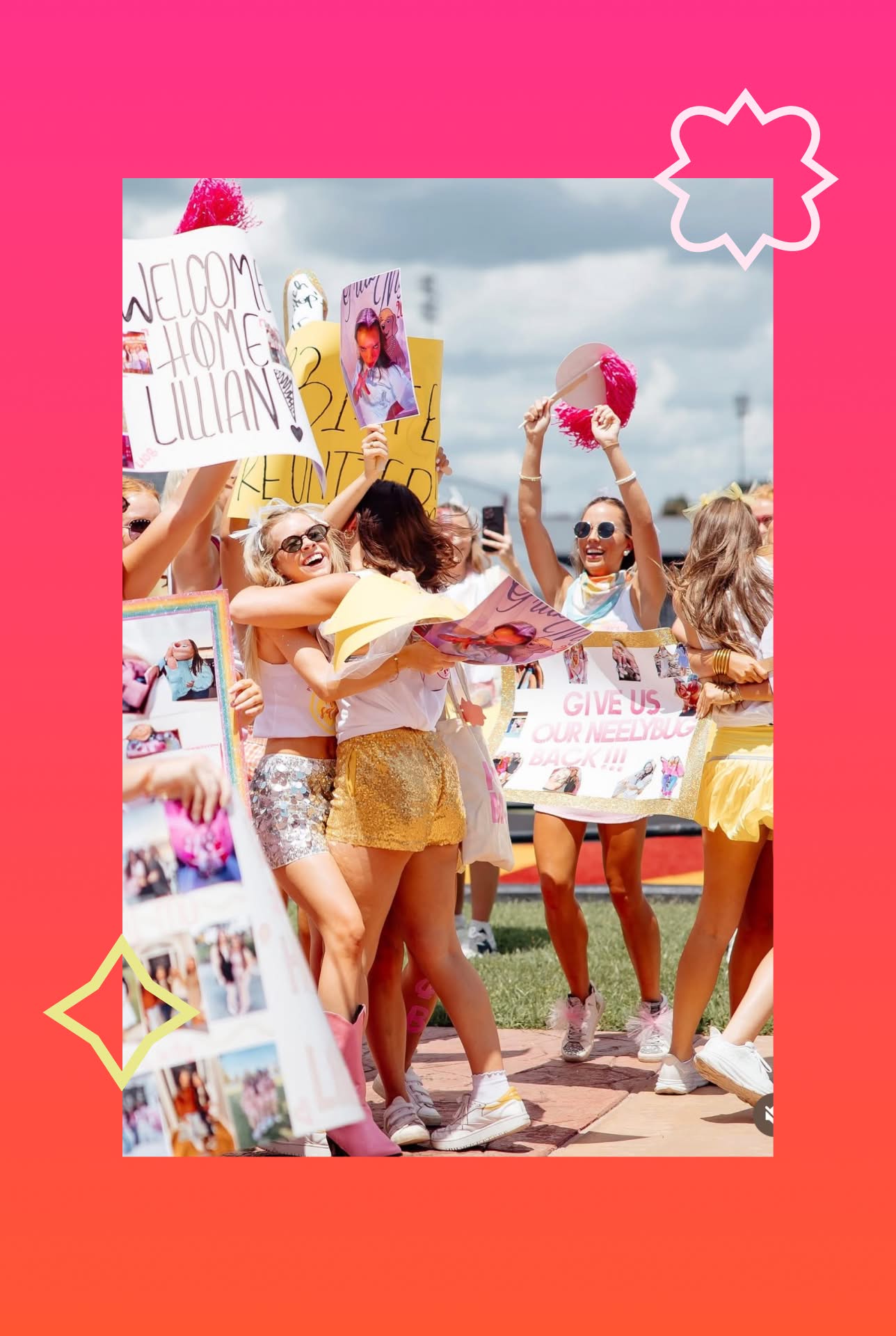 Group of PMU sisters embracing and celebrating together in gradient frame