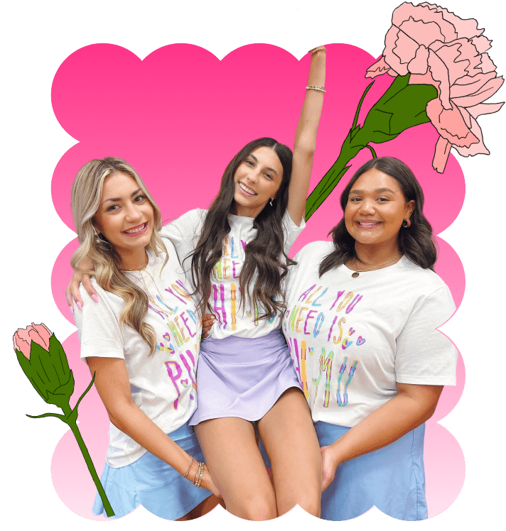photo PMU sisters posing together and smiling for a photo in a scalloped frame with carnation decorations